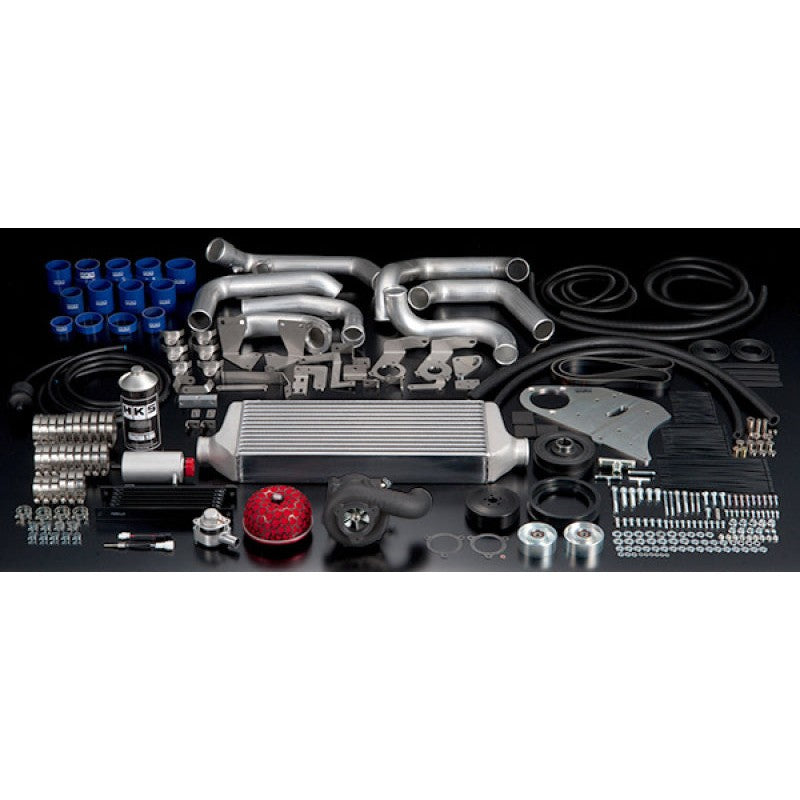 HKS GT2 Supercharger System Pro kit components including the GT2-7040 unit, intercooler, piping, and mounting hardware.