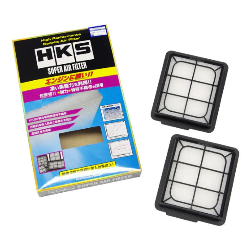 HKS Hybrid Filter featuring green 3-layer dry-type media and a black frame for Nissan GT-R fitment.