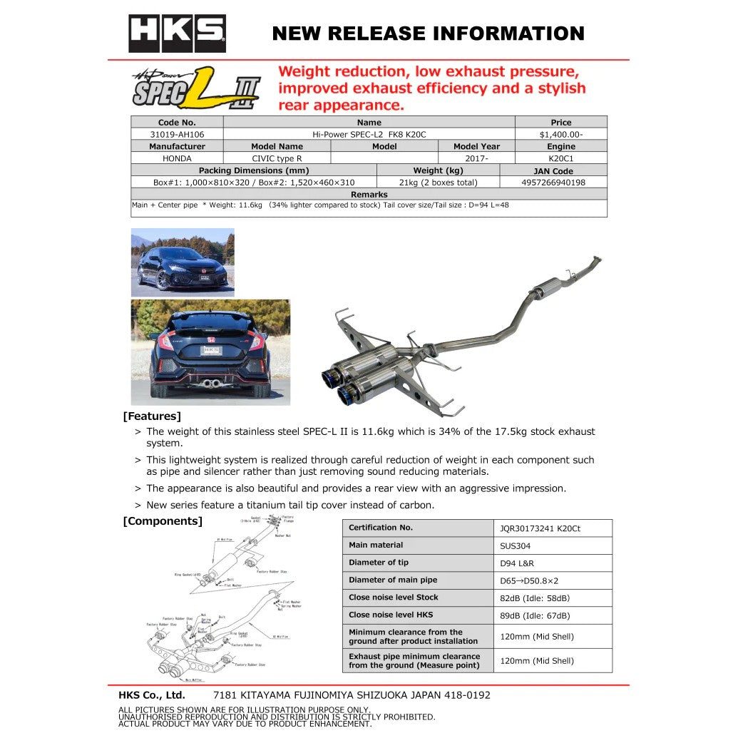 HKS Hi-Power SPEC-L2 stainless steel exhaust system for 2017-2021 Honda Civic Type R FK8.