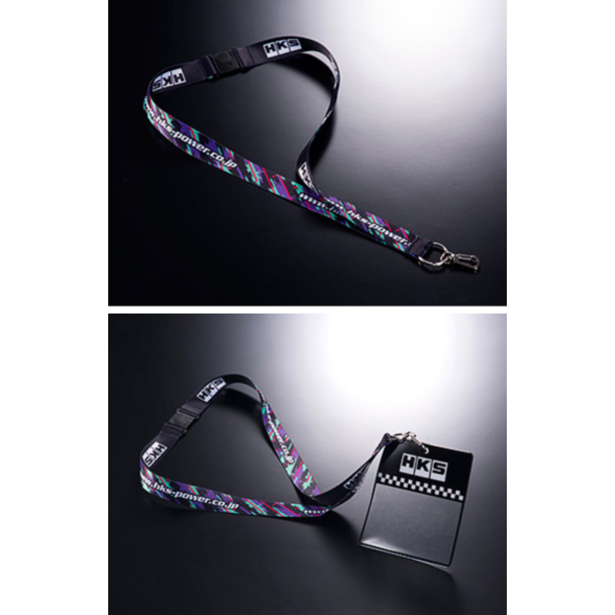 Black and white HKS branded neck strap lanyard with a metal swivel hook and quick-release buckle.