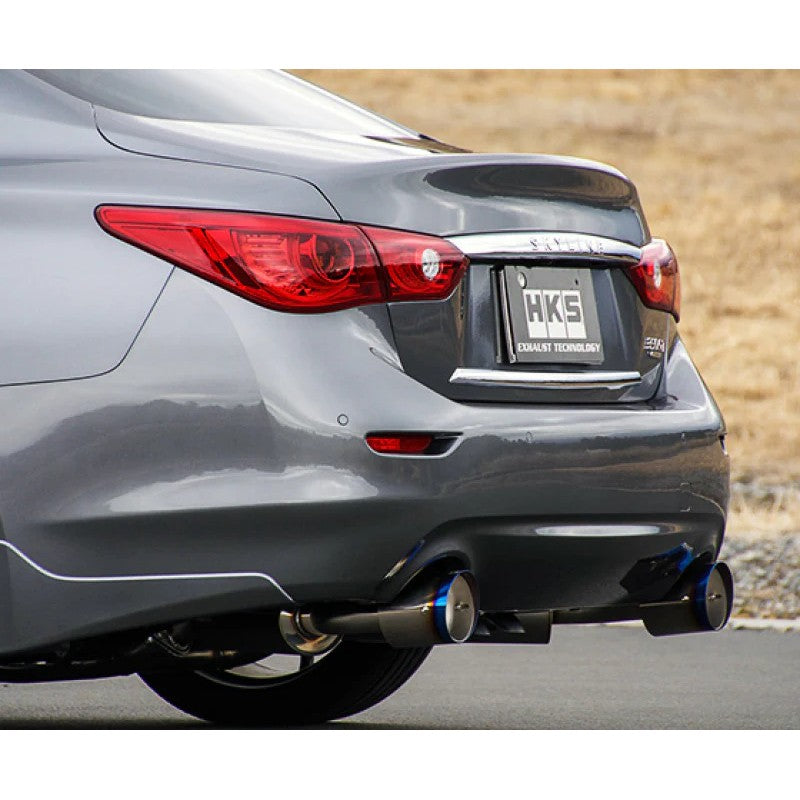 HKS Dual Hi-Power stainless steel catback exhaust with blue-burnt titanium tips for Infiniti Q50 Hybrid.
