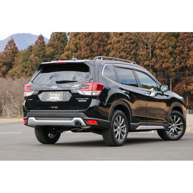 HKS LEGAMAX Premium stainless steel exhaust system for Subaru Forester (5AA-SKE) featuring a polished tip