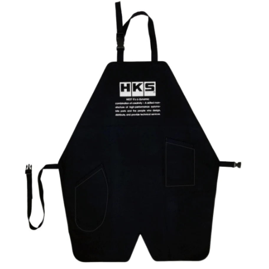 Black HKS branded mechanic apron with white logo and utility pockets for workshop use.