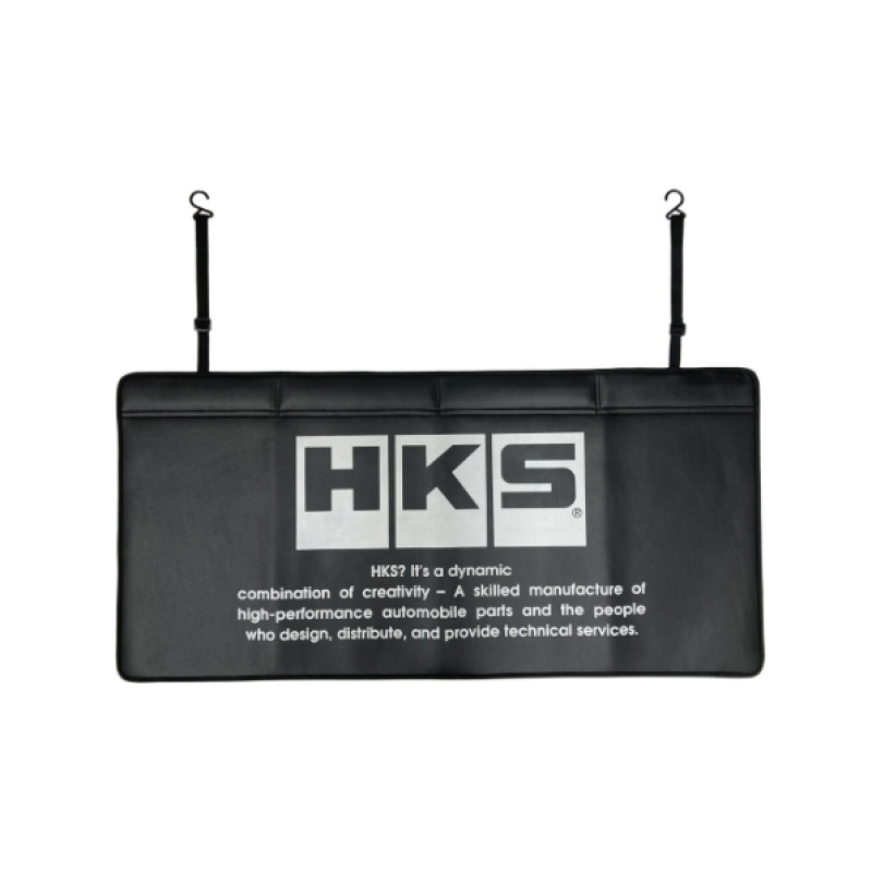 Black HKS mechanic fender cover with white HKS logo and iconic colored splash graphic.