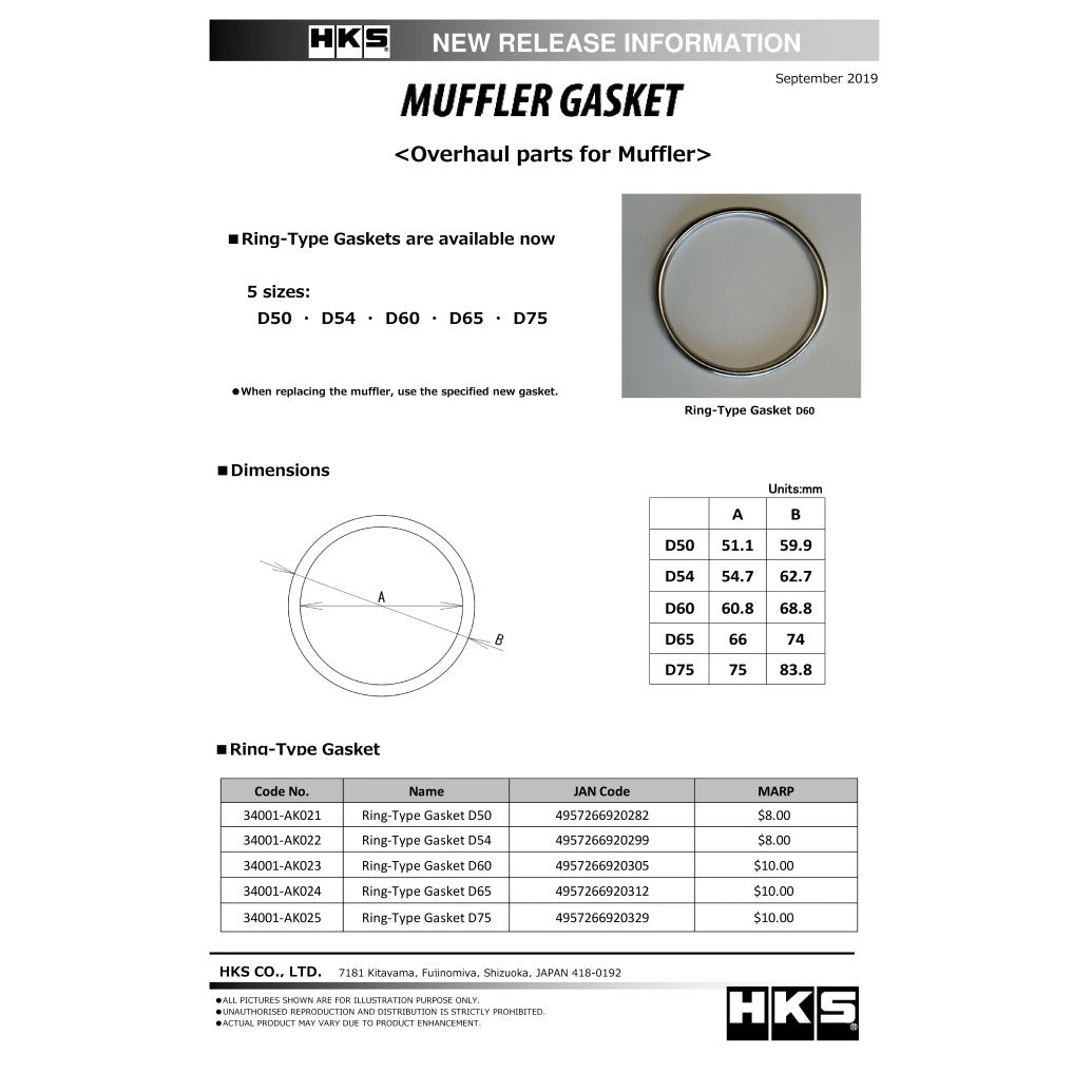HKS exhaust muffler gasket with 60.8mm inner diameter and 68.8mm outer diameter