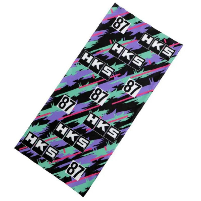 HKS neck gaiter featuring the signature purple, teal, and pink Oil Color splash graphic on a black background.