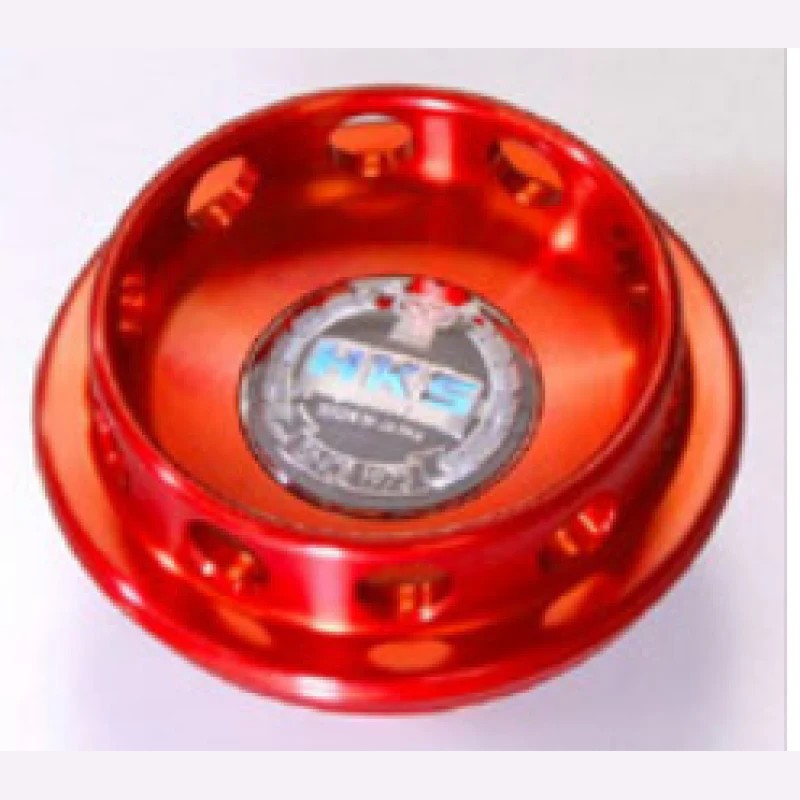 Red anodized HKS billet aluminum oil filler cap with etched logo and knurled grip for Toyota 86 and Subaru BRZ.