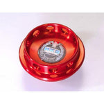 Red anodized HKS billet aluminum oil filler cap for Nissan and Honda engines with engraved HKS logo.