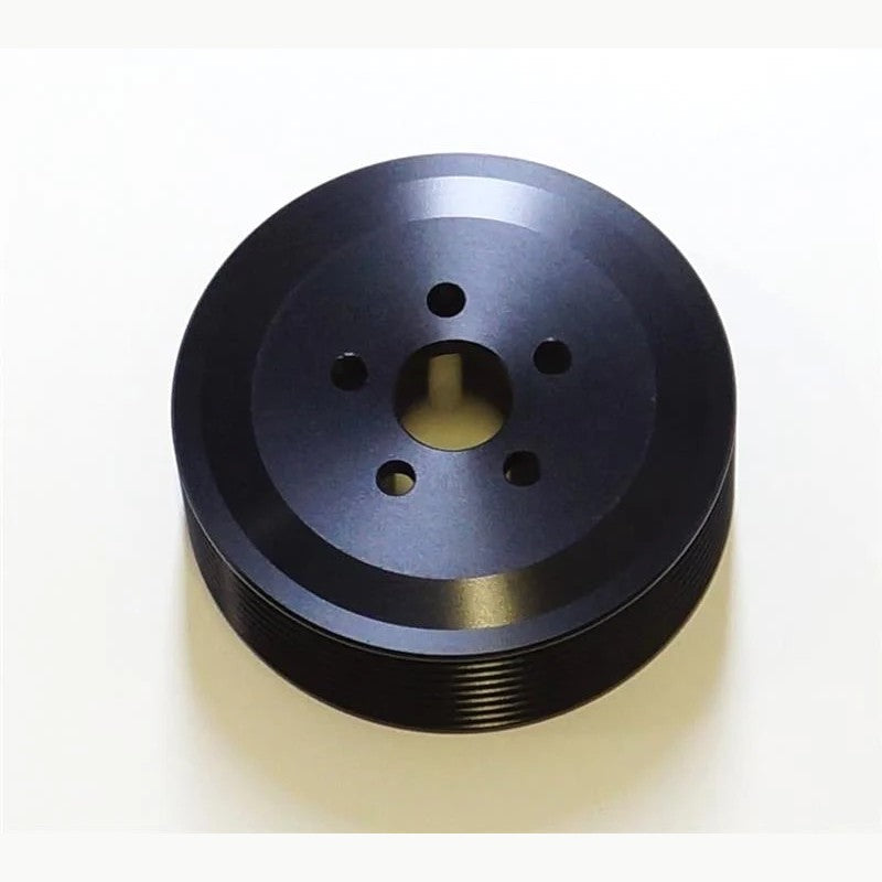 HKS precision machined 8-rib drive pulley with 100mm diameter and silver finish