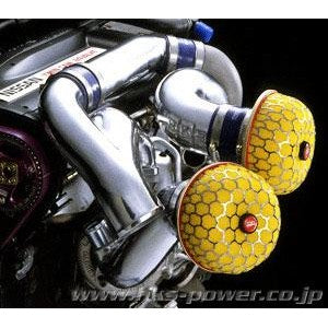 HKS Racing Chamber intake pipe kit featuring polished aluminum pipes and blue silicone couplers for RB26DETT.