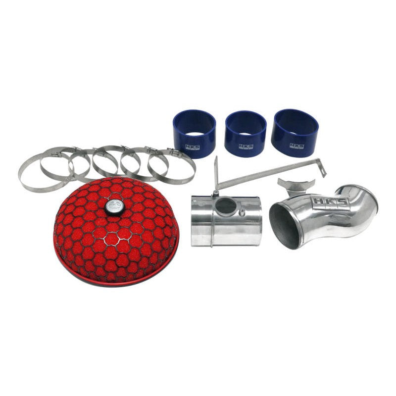 HKS Racing Suction intake kit featuring a green high-flow foam filter and mandrel-bent aluminum piping.