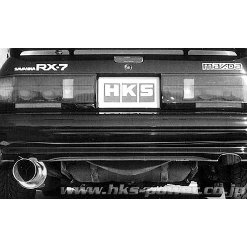 HKS Silent Hi-Power polished stainless steel cat-back exhaust system for Mazda RX-7 E-FC3S with 13B-T engine.