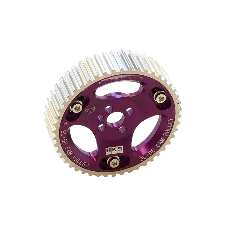 HKS purple anodized adjustable slide cam pulley for Nissan RB series intake camshaft