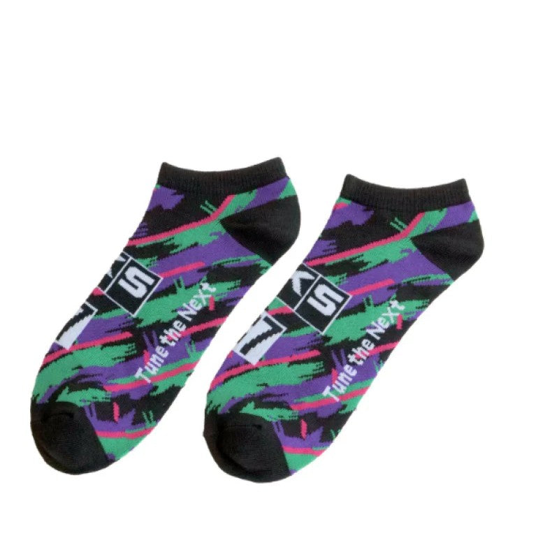HKS short socks in size medium featuring the signature multi-color HKS Oil Color graphic pattern.