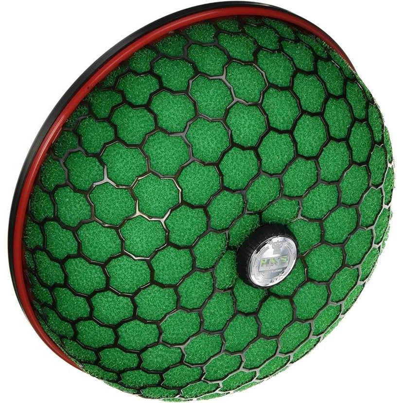 HKS Super Power Flow SPF mushroom-style air filter assembly with green element and steel frame cage.