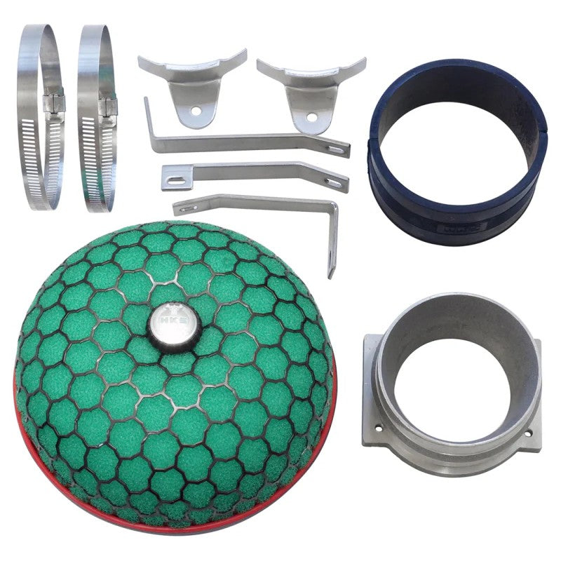 HKS Super Power Flow green mushroom-style high-flow air intake kit with mounting hardware for RB25DET engines.