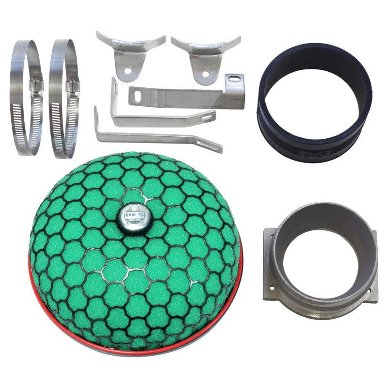 HKS Super Power Flow Reloaded green mushroom air filter and intake assembly for Nissan RB25DET NEO engines.