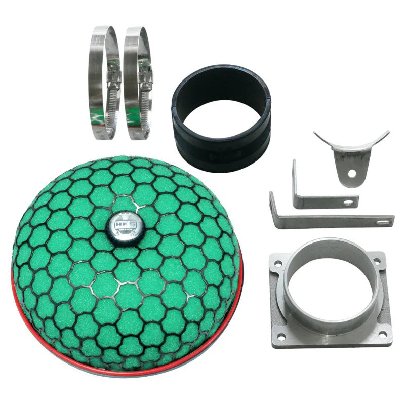 HKS Super Power Flow air intake kit featuring a green 3-layer filter for Nissan Silvia S14 and S15 SR20DET engines.