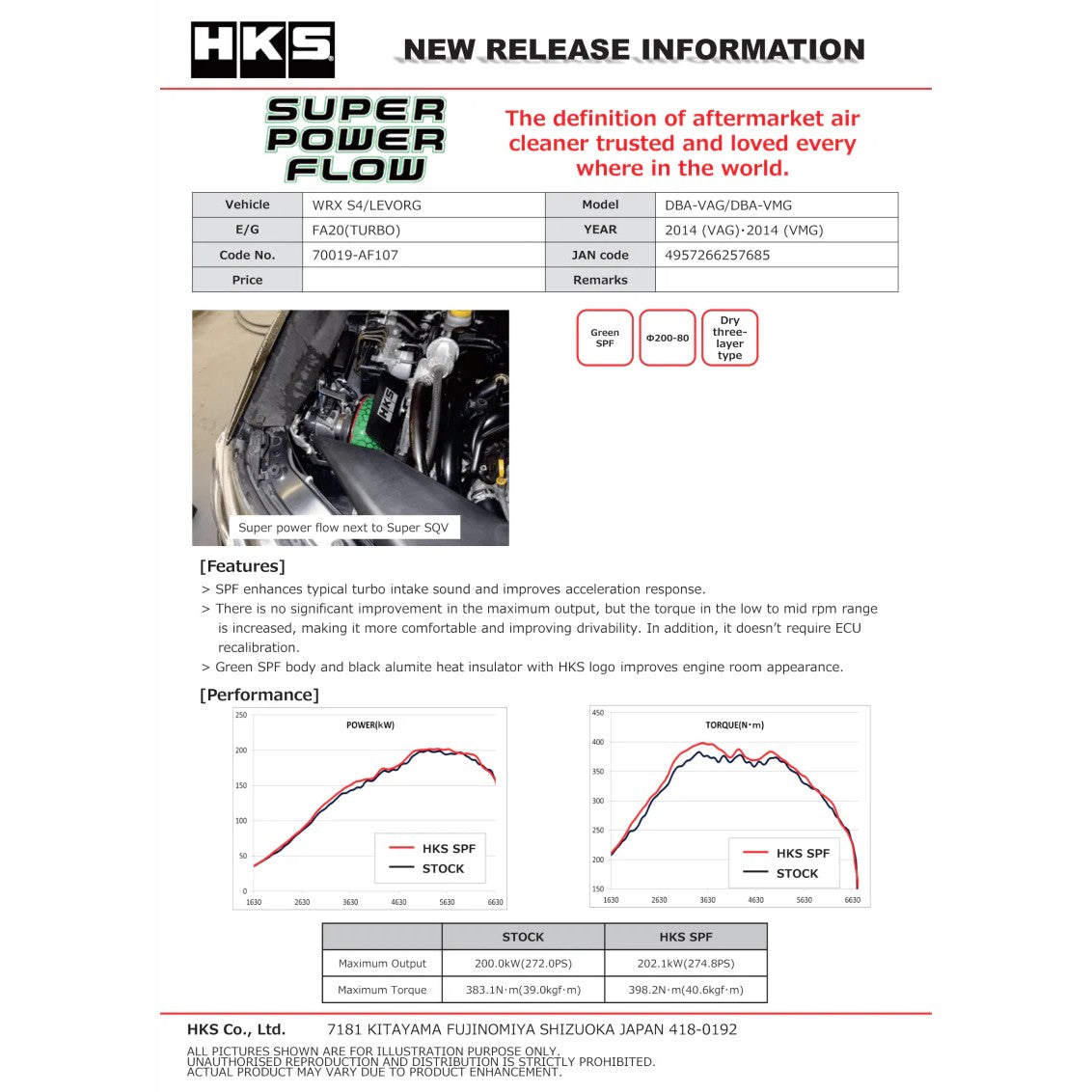 HKS Super Power Flow air intake system with green mushroom filter and hardware for Subaru WRX VAG and Levorg VMG FA20.