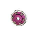 HKS adjustable cam gear for Nissan SR20DE engine featuring timing adjustment bolts and degree markings.