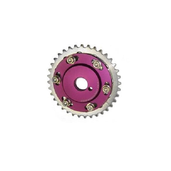 HKS adjustable cam gear for Nissan SR20DE engine featuring timing adjustment bolts and degree markings.
