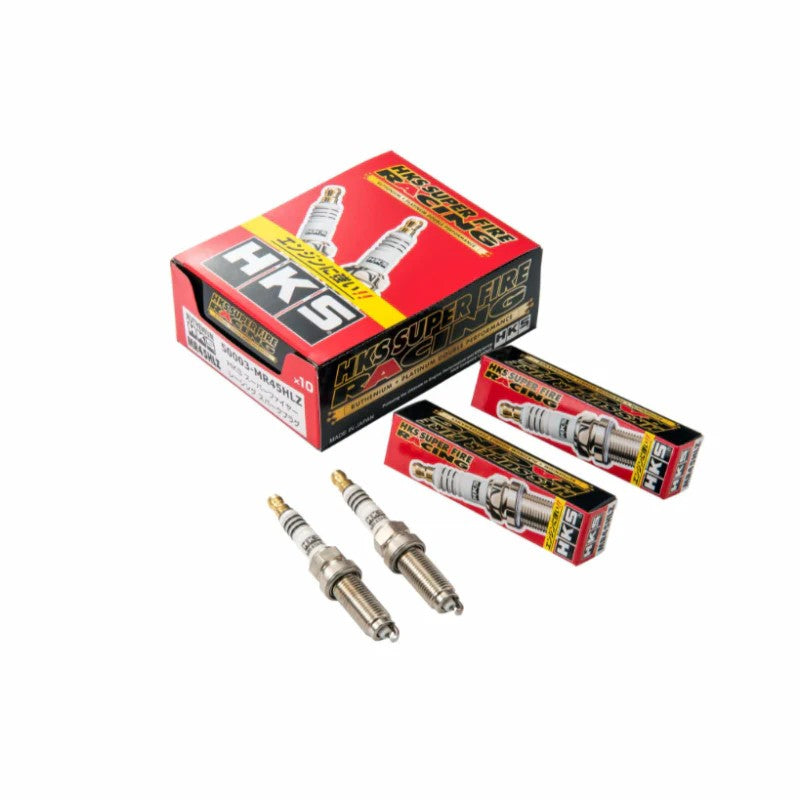 HKS Super Fire Racing MR45HLZ spark plug showing the iridium center electrode and platinum-tipped outer electrode.