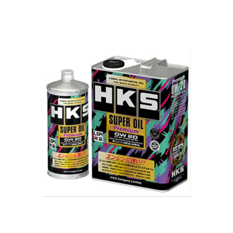 1 liter bottle of HKS Super Oil Premium 0W-20 synthetic engine oil showing API SP and ILSAC GF-6A specifications