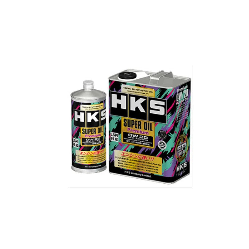 4-liter purple and black metal canister of HKS SUPER OIL Premium 0W-20 synthetic engine oil.