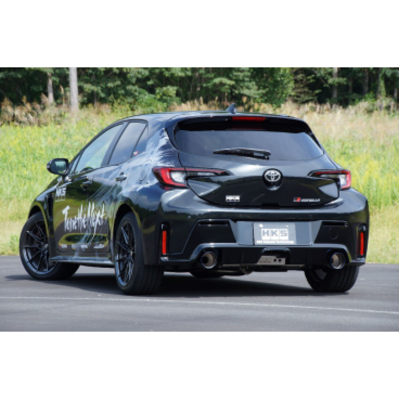 HKS LEGAMAX Sports performance exhaust system for the Toyota GR Corolla with polished exhaust tips.