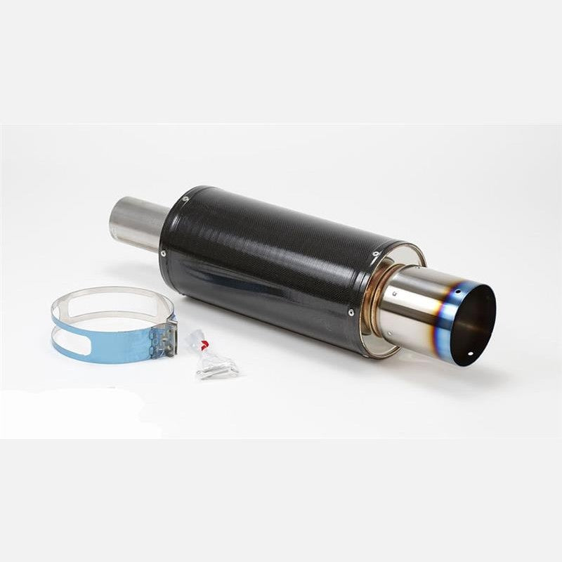 HKS Universal Carbon-Ti exhaust muffler with carbon fiber wrapped shell and burnt titanium tip