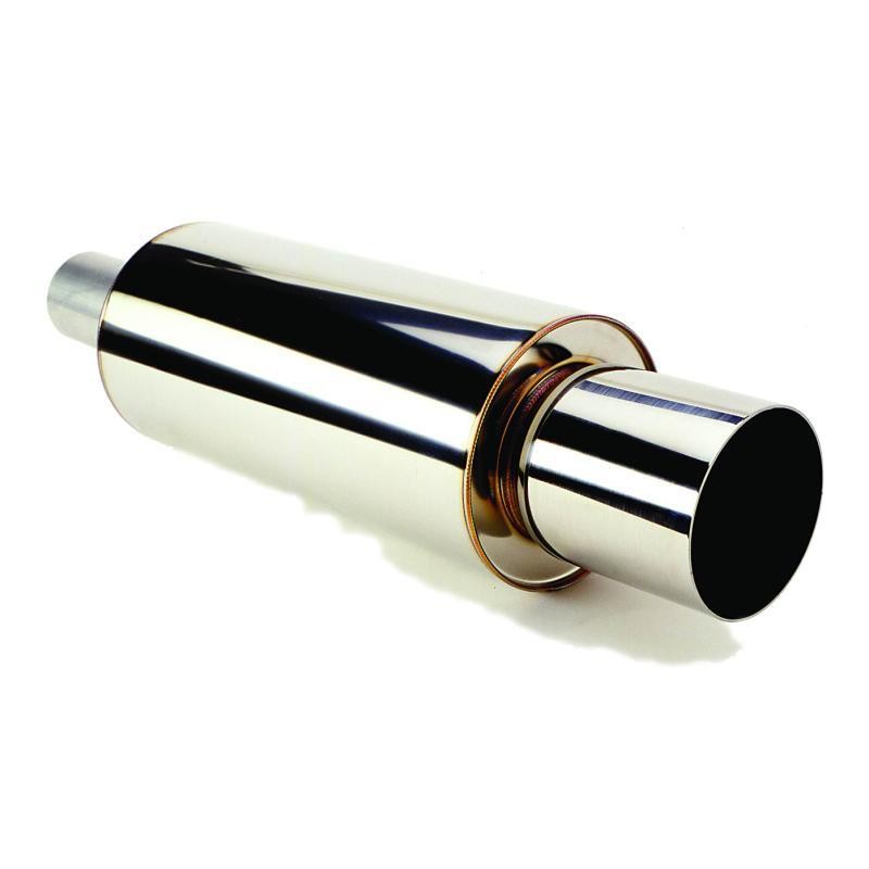 Polished SUS304 stainless steel HKS universal muffler showing 2.5 inch inlet and 3.7 inch outlet tip