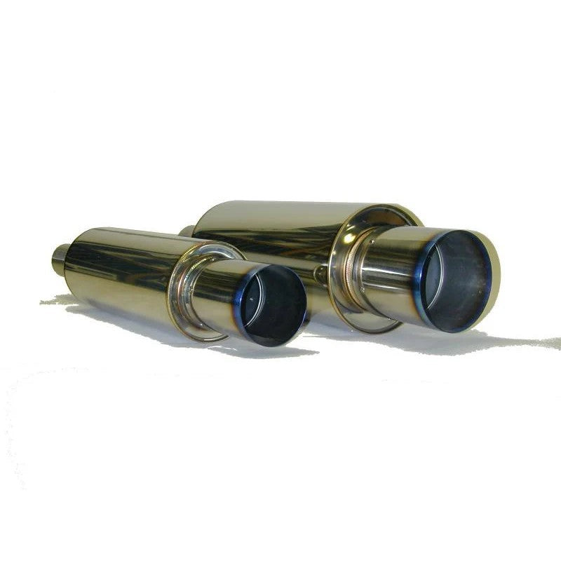HKS Hi-Power universal stainless steel muffler showing the 130mm shell and burnt titanium exhaust tip