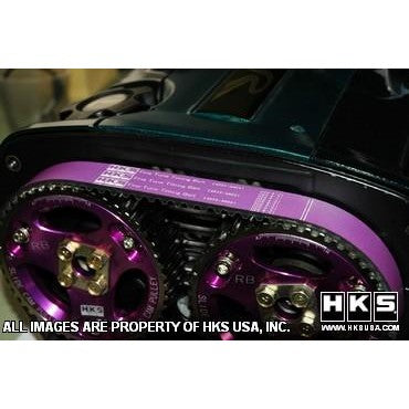 Purple HKS Fine Tune Upgraded Timing Belt for Nissan RB20, RB25, and RB26 engines.