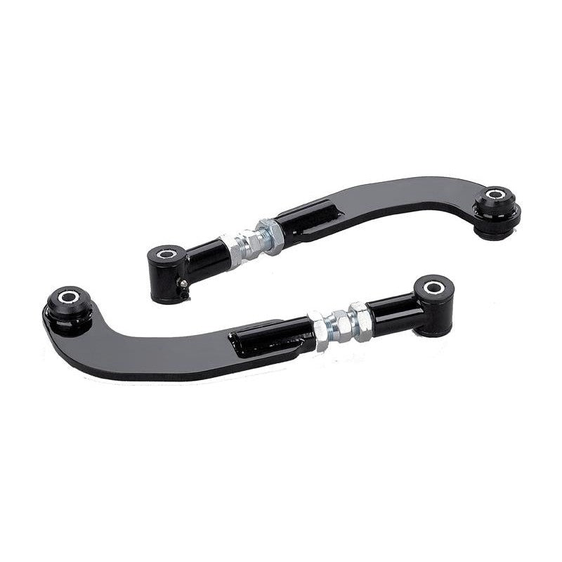 Hotchkis Sport Suspension rear camber links with tubular steel arms, billet aluminum hex adjusters, and blue bushings.