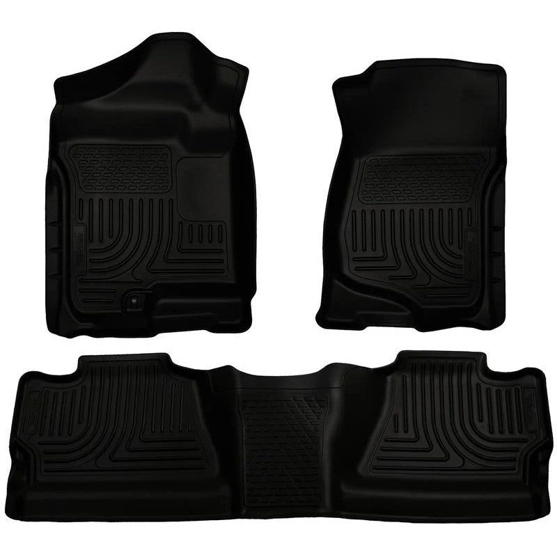 Husky Liners WeatherBeater black front and rear custom-fit floor liners for 2007-2014 Silverado and Sierra trucks.