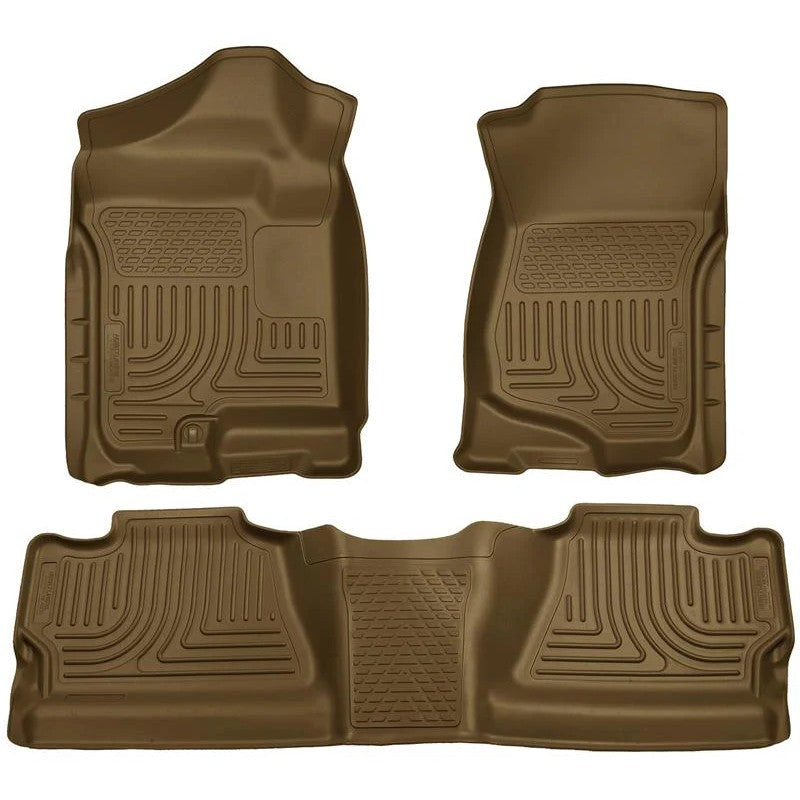 Husky Liners WeatherBeater tan front and rear floor mats for 2007-2014 Chevy Silverado and GMC Sierra Crew Cab trucks.