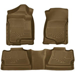 Husky Liners WeatherBeater tan front and rear floor mats for 2007-2014 Chevy Silverado and GMC Sierra Crew Cab trucks.
