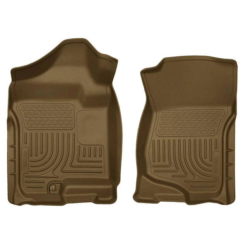 Tan Husky Liners Weatherbeater front floor liners showing textured DuraGrip surface and raised containment edges.