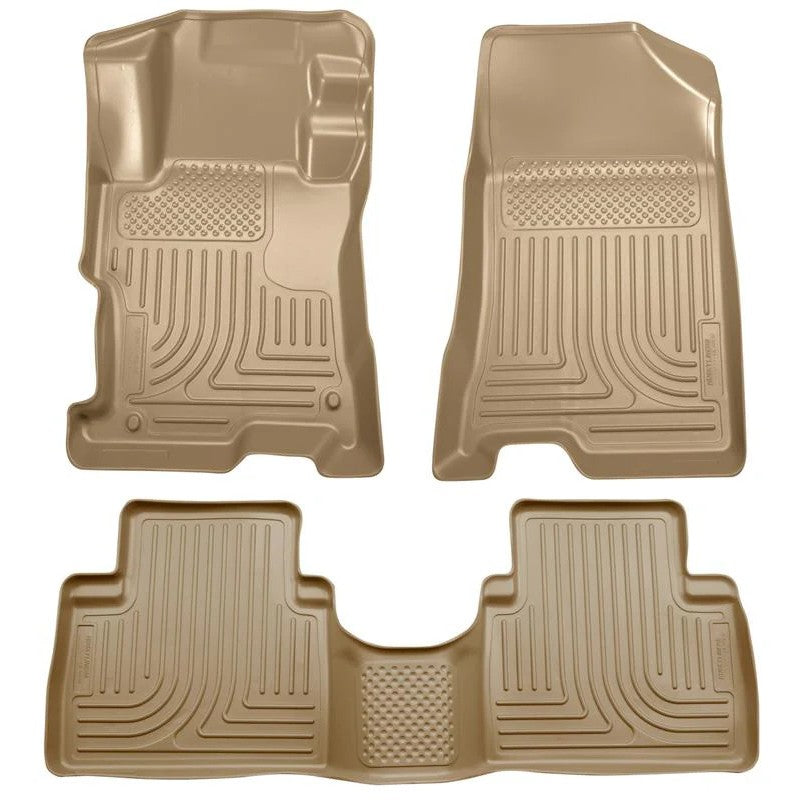 Husky Liners WeatherBeater tan front and one-piece second row floor liners for 2008-2012 Honda Accord 4-door sedan.