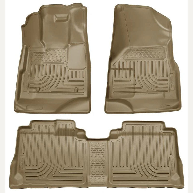 Tan Husky Liners WeatherBeater front and rear floor liners for Ford Escape, Mazda Tribute, and Mercury Mariner.