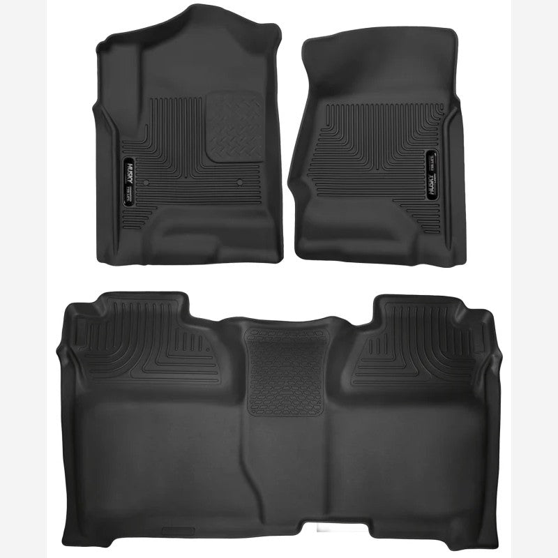 Black Husky Liners X-act Contour front and second row floor liners for 2014-2019 Silverado and Sierra Crew Cab trucks.