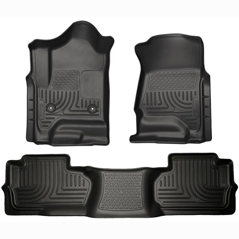 Black Husky Liners WeatherBeater front and second-row floor liners for Chevrolet Silverado and GMC Sierra Double Cab.