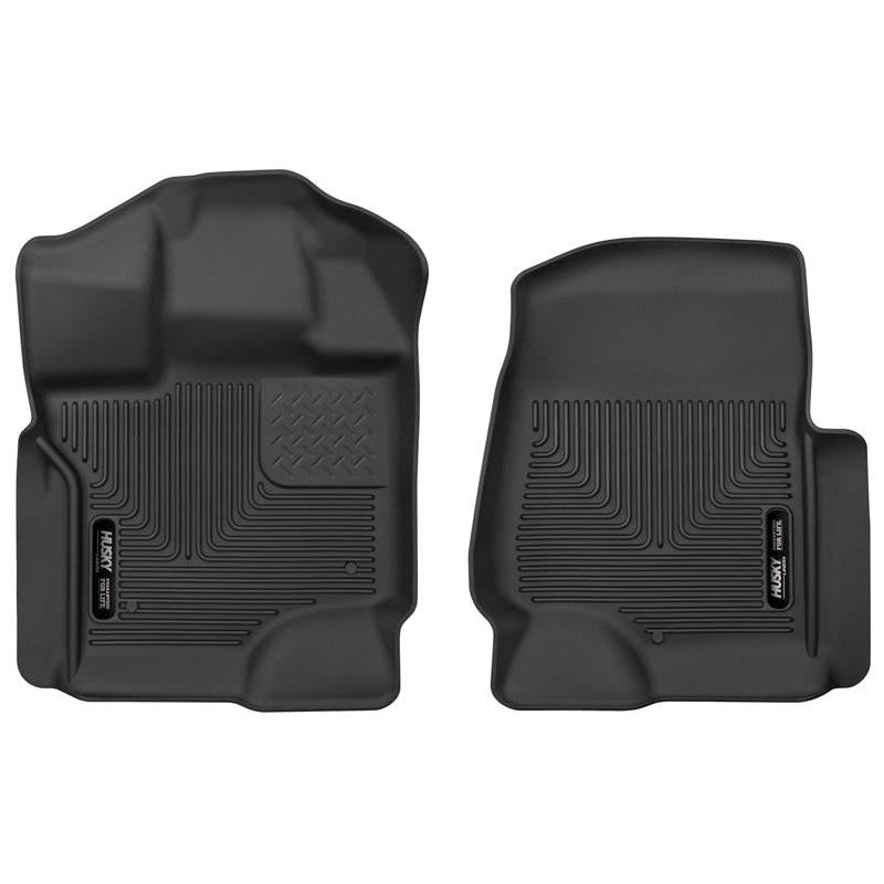 Pair of black Husky X-act Contour front floor liners for 2017-2026 Ford F-250 and F-350 Super Duty trucks.