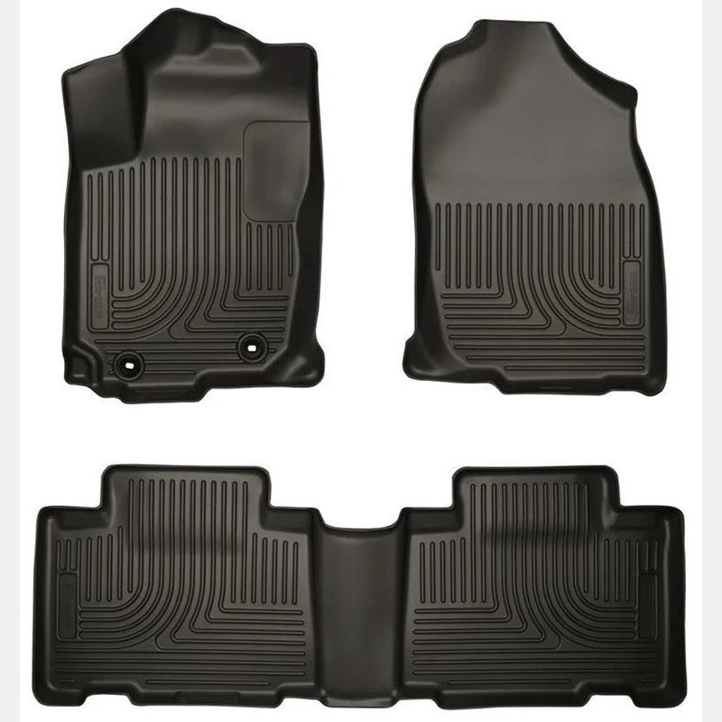 Black Husky Liners Weatherbeater front and second row floor mats for 2014-2019 Toyota Corolla.