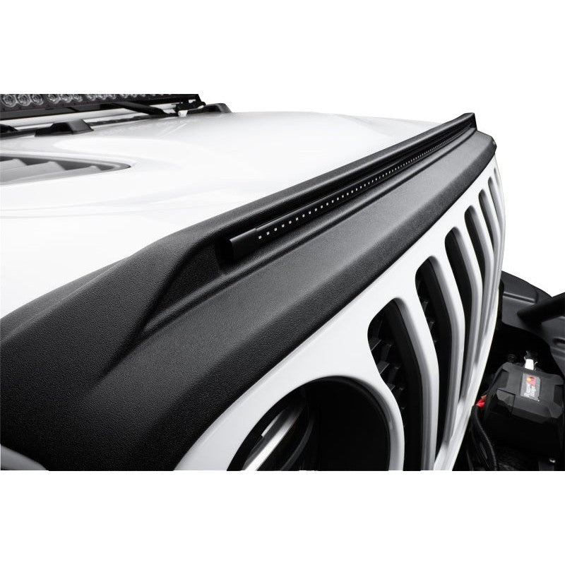 Textured matte black Aeroskin Lightshield PRO hood protector with illuminated amber LEDs installed on a truck hood.