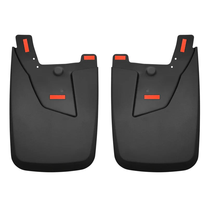 Husky Liners black thermoplastic custom-molded rear mud guards for Ram 2500 and 3500 with OEM fender flares