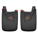 Husky Liners black thermoplastic custom-molded rear mud guards for Ram 2500 and 3500 with OEM fender flares