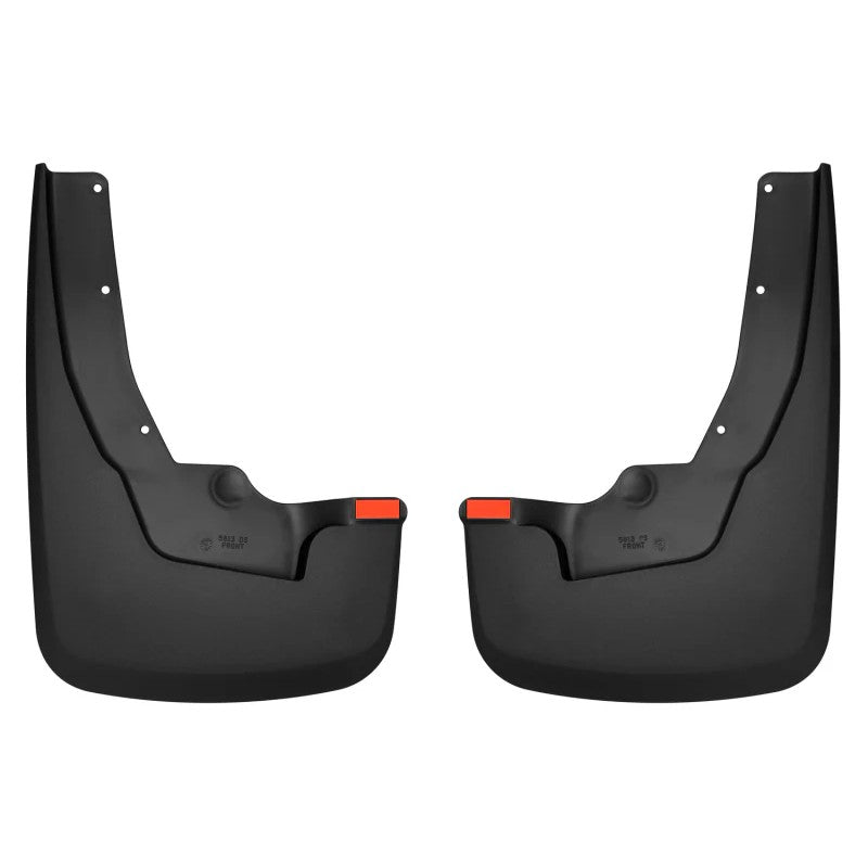 Husky Liners black thermoplastic custom-molded front mud guards for 2019-2026 Ram 1500 with OEM fender flares.