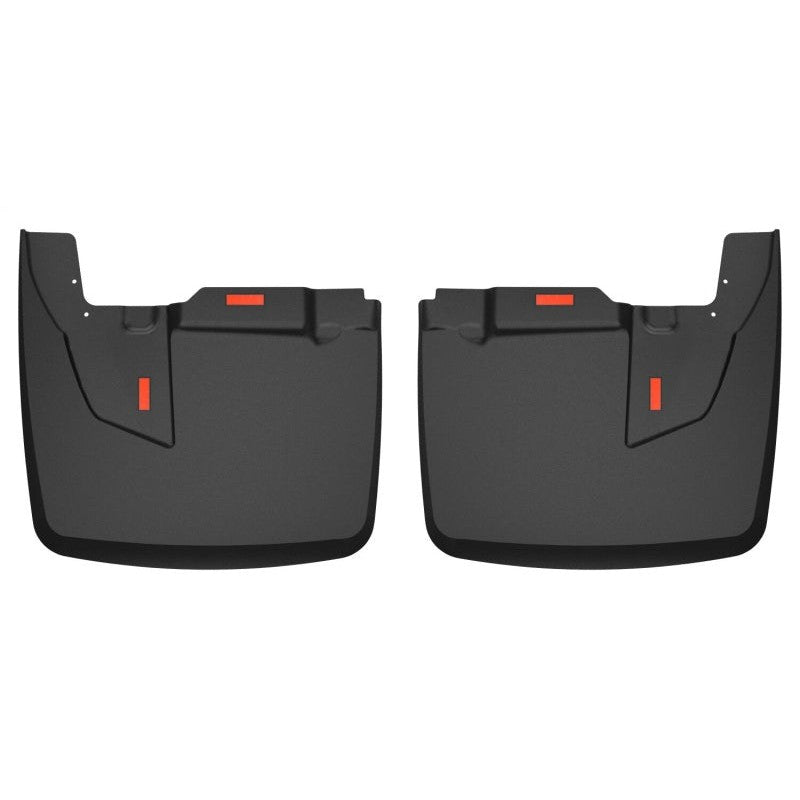 Husky Liners black thermoplastic mud guards for Ram 3500 Dual Rear Wheel trucks with OEM fender flares.