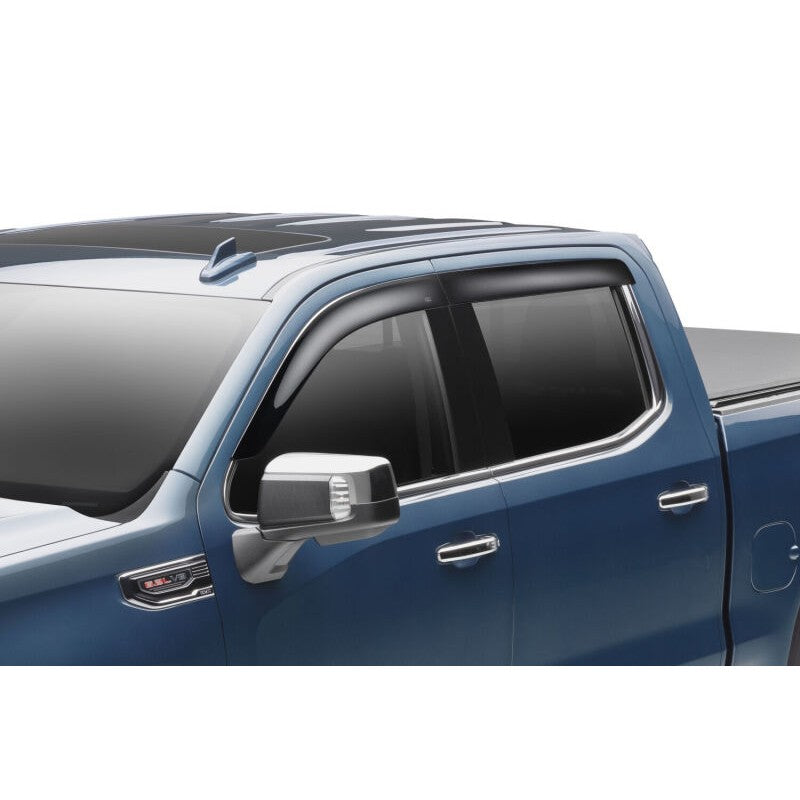 Four piece set of Husky Liners Low Profile Ventvisor window deflectors in smoke finish for Chevy Silverado and GMC Sierra.